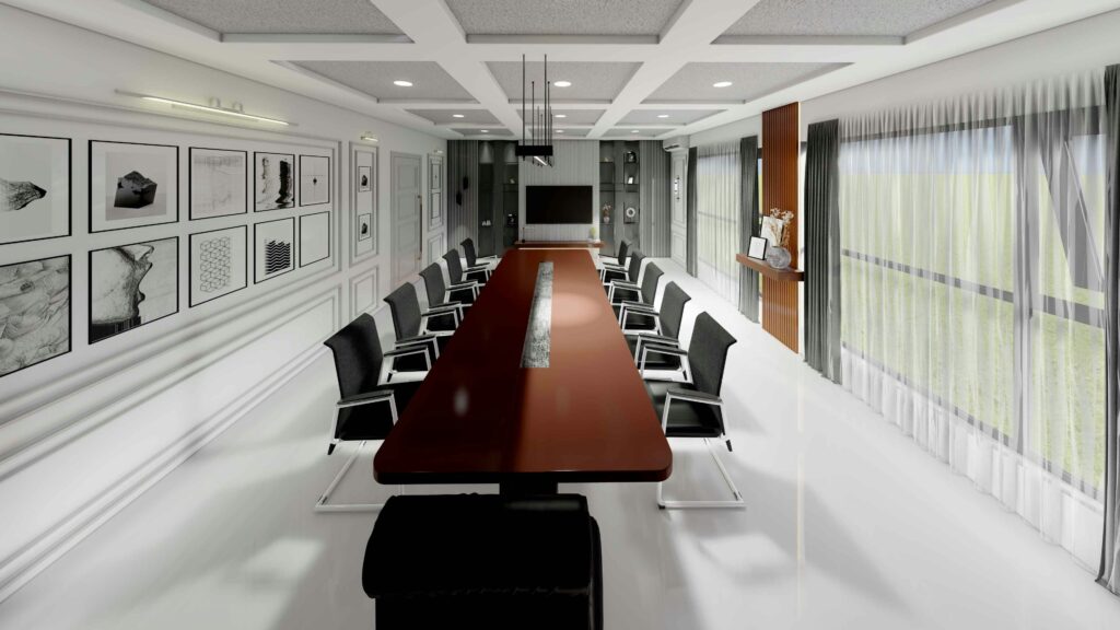 Large conference room with a long table, symbolizing feeling small at work.