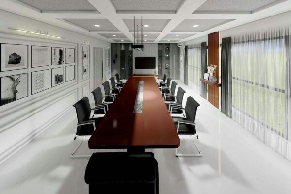 Large conference room with a long table, symbolizing feeling small at work.