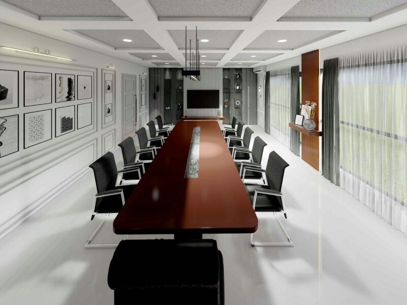 Large conference room with a long table, symbolizing feeling small at work.